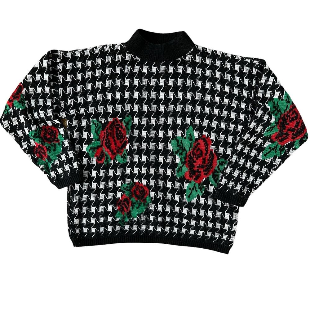 Vintage 90s Sweater L Houndstooth Rose Preppy Retro Fall Cozy Cottage Grandma
